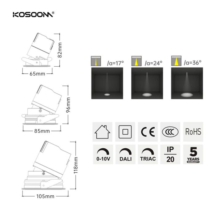 Downlight LED serie RMI 6W/12W/18W/24W/35W Ángulo de haz de temperatura de color personalizable Kosoom-Downlight LED