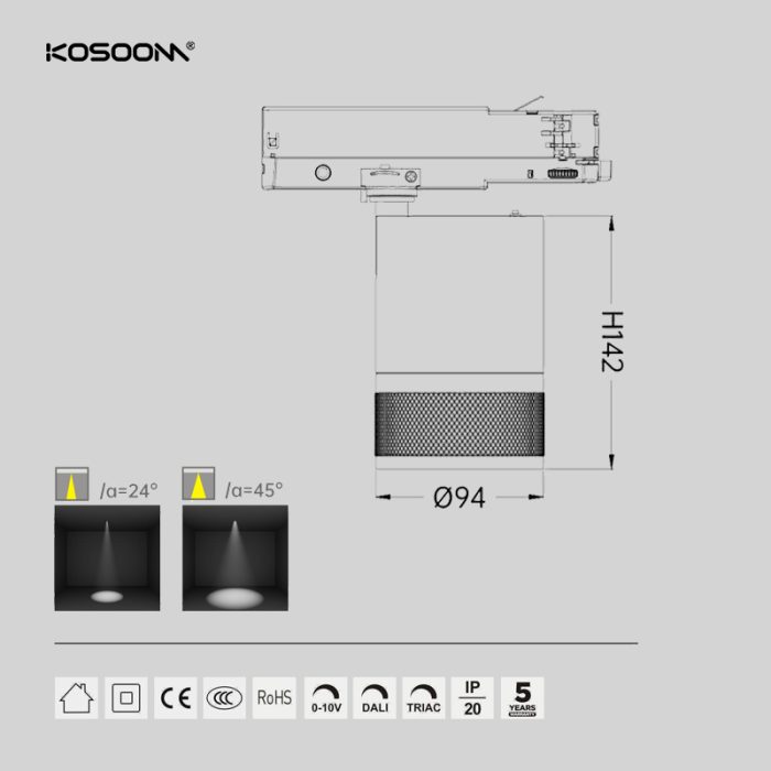 Focos de cariil Ángulo de Haz Ajustable COB Antideslumbrante Atenuación LED Luces de Pista para Diseños Comerciales TLSZ03 -Kosoom-Focos de Carril-Garantía 5 años