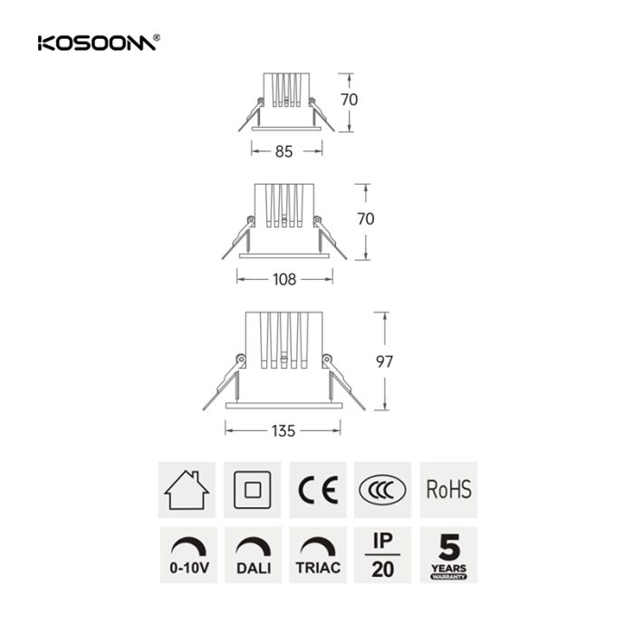 Focos LED de luz descendente con forma de diseño único Salidas de alto lumen; Índice de reproducción cromática (CRI) 90+ Blanco frío SLE09520 SLE kosoom-Downlight LED-Estándar Downlights